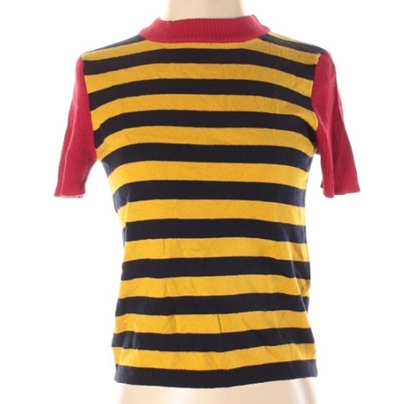 Urban Outfitters Leya Yellow Black Red Striped Short Sleeve‎ Sweater XS - Picture 2 of 5